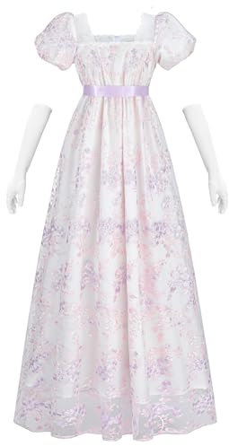 NSPSTT Goldenes Regency-Kleid für Damen, 1800er-Jahre-Stil, viktorianisches Ballkleid mit Handschuhen, Violett, Groß