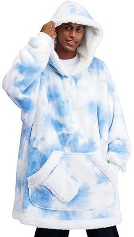 Giggling Getup Tragbare Decken Hoodie für Frauen Männer, Übergrößer Flanell Sherpa Fleece Sweatshirt Decke mit Ärmeln, Warmer komfortabele Decke Geburtstagsgeschenke für Erwachsene Hellblau Tie-Dye