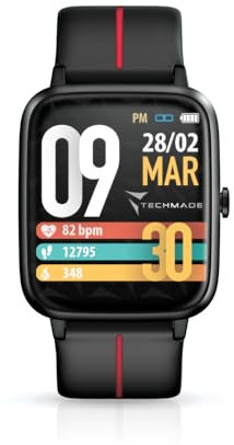 TECHMADE MOVE Smartwatch Unisex con Contapassi, Frequenza Cardiaca, Sonno, Sport CON GPS INTEGRATO, per attività in door e out door | Android e iOS (cinturino nero con riga rossa)