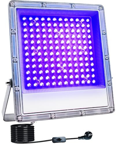 Indmird 150W Luz Negra LED, Foco Luz UV con Enchufe 395-400nm Luz Negra Ultravioleta IP66 Impermeable Luz Negra UV con Interruptor Black light para Fiesta, Halloween, Fiesta, Etapa Arte UV, Navidad
