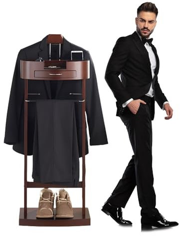 Qcesorib Valet de Chambre avec Porte-Pantalon, Chevalet de Nuit Portant pour Vêtements avec Tiroir, Valet de Nuit Multifonctionnel avec Porte Cravate, pour Pantalon et Autres Vêtements