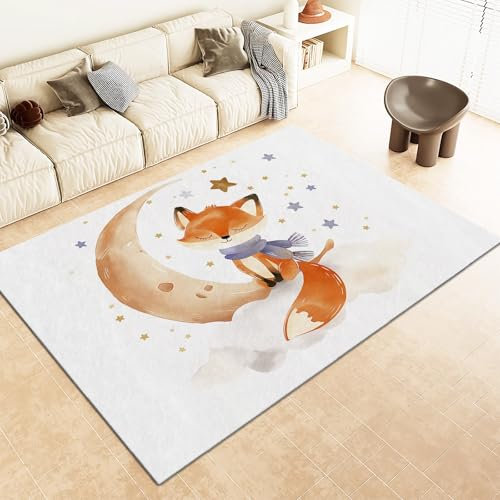Srigzcaly Superweicher Teppich kinderzimmer 120x180cm Aquarellmalerei Fuchs Mond Antirutsch Teppich Schlafzimmer-Rechteckteppich, Weiß Wohnzimmer-Teppich Balkon-Bodenmatte kinderteppich