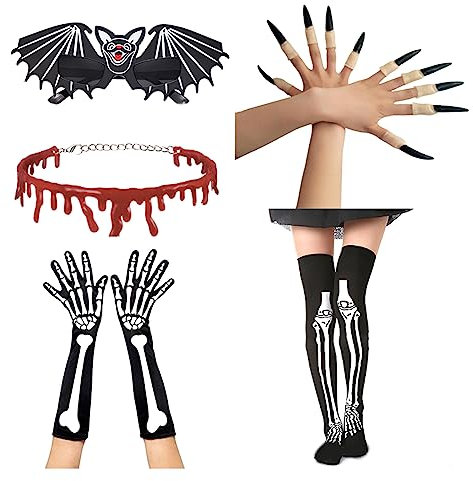 QIIIMSLSS Halloween-Party, Dämonen, Vampir-Kostüme, tropfendes Blut, Halsband, Halskette, Brille, Kralle, falsche Nägel, Totenkopf-Handschuhe, Strümpfe