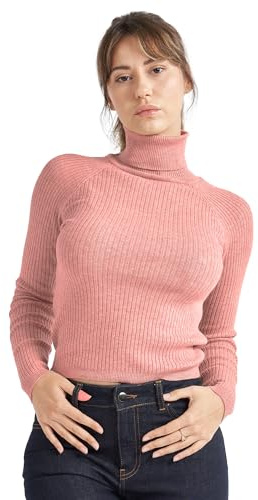alsestudio Women`s Turtle Neck Jumper Premium Quality Super Soft Silk Touch Long Sleeve Slim Fit Ribbed Pullover Essential Knitted Roll Neck Sweaters Pink, M