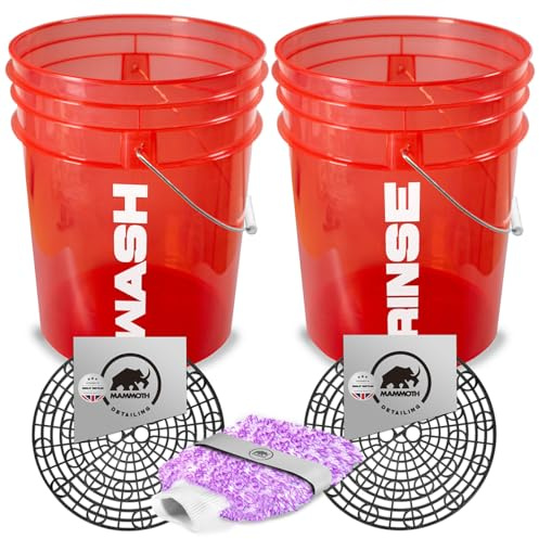 5pc Detailing Car Wash Bucket Set With Wash Guards for Scratch Free Car Cleaning. Includes Microfibre Washmitt. (Red)