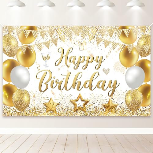 PartyYaa Geburtstag Banner, Happy Birthday Banner Deko, Extra Großes Geburtstag Party Fotoautomaten Hintergrund Dekoration Schild Poster für Männer und Frauen (Weiß Gold)