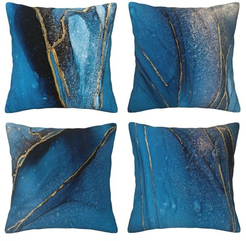 DILOXNSU Blau Gold 4er Set Kissenbezug 50x50 cm Samt Kissenbezüge Marmortinte Abstrakte Kunst Dekokissen Sofakissen Modern Kissenhülle Weiche Deko Kissen für Sofa Couch Schlafzimmer