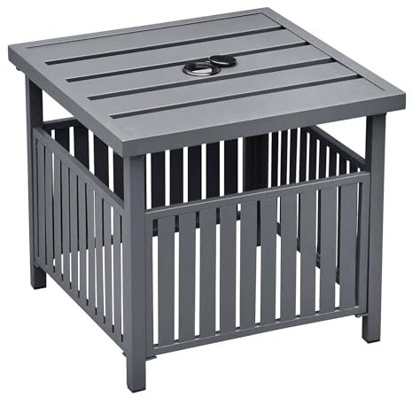ATR ART TO REAL Table d'appoint carrée avec trou pour parasol de 4 cm, table basse en métal pour extérieur, terrasse, cour, piscine, porche, balcon - Gris foncé
