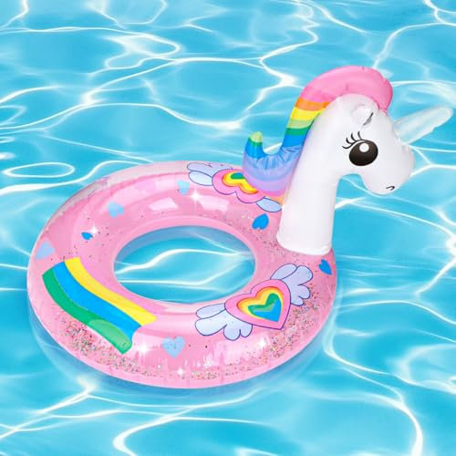 Einhorn Schwimmring für Kinder 5-9 Jahre – Aufblasbarer Schwimmreifen mit Glitzer, Schwimmring Kinder Einhorn Design, Schwimmbad Spielzeug für Pool & Strand, Kinderschwimmring PVC Wasserspielzeug