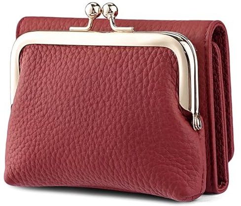 Karouee Portefeuille Trifold en Cuir Véritable pour Femme - Porte-Cartes de Crédit Compact Anti-RFID avec 8 Fentes - Petit Portemonnaie à Fermeture Kiss-Lock(Rouge)