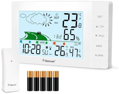 Geevon DCF Wetterstation Funk mit Außensensor, Digital Thermometer Innen/Außen Temperaturanzeige Funk, Funkthermometer mit Batteriebetrieben，Anti-Rutsch-Straße, Komfortanzeige (0562 mit batterien)