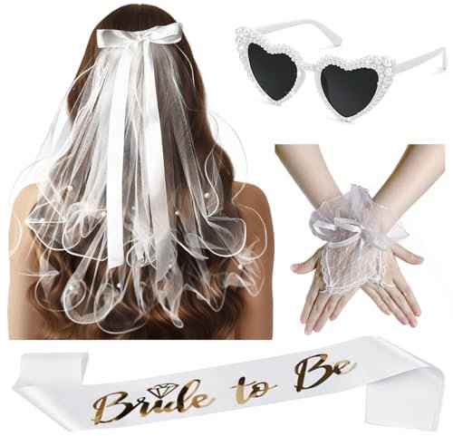 CAwished JGA Accessoires Frauen Hochzeitschleier Handschuhe Schärpe Herz Sonnenbrille Weiß für Junggesellenabschied und Hochzeit Bride to Be JGA Deko