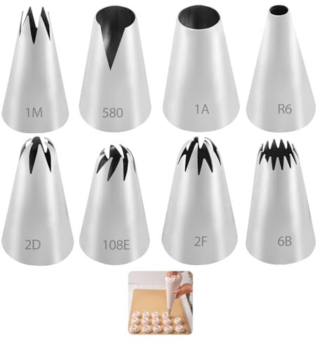 Douilles Patisserie 8pcs 25 mm Buses à Douille Réutilisables Douilles Gâteaux en Acier Inoxydable pour la Décoration Pâtisserie Cupcakes Muffins Tarte Cookies (1M,2D,1A,6B,580,108E,2F,R6)