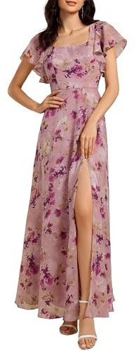 Ever-Pretty Women's Chiffon Square Neck Lotus Sleeve Slit Floor Length Bridesmaid Dress EE02409