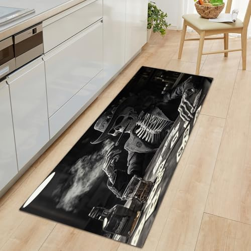 Generisch Lang rutschfest Flur Läufer Teppich 60 x 150 cm, Waschbar Schwarz Korridor TeppichLäufer für Flur Horror Totenkopf Rauch Schlafzimmer Wohnzimmer Teppichmatte Dauerhaft Küchenteppich