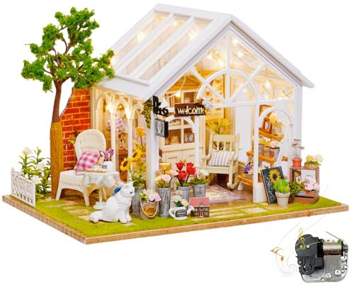 DIY Miniature Greenhouse Dollhouse Kit - Sunny Flower Room - Optional Dust Cover & Music Movement - Creative Craft Gift for Adults & Teens (Sunny Flower Room B)