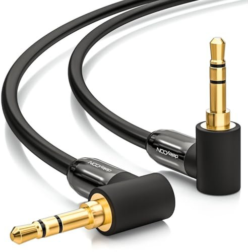 deleyCON 7,5m Klinkenkabel 3,5mm AUX Kabel Stereo Audio Kabel Klinkenstecker 90° Gewinkelt für PC Laptop Handy Smartphone Tablet KFZ HiFi-Receiver Schwarz