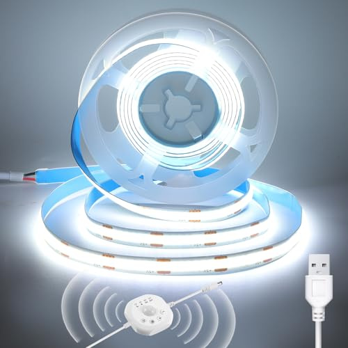 luktix Bewegungsmelder USB COB LED Streifen 2m, 6000K 5V Lichtband Kaltweiß, 4 Timer-Modi, Tag-/Nacht-Beleuchtung, Bewegungsaktiviertes automatisches On/Off für Treppen, Schränke und Schränke