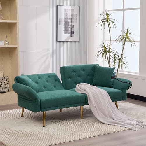 ZIDEY Schlafsofa 2-Sitzer, Sofa mit Verstellbarer Rückenlehne&USB-Anschlüsse&Handyhalter&Seitentasche & 2 Kissen, Bettsofa, Klappsofa Für Wohnzimmer & Schlafzimmer, Emerald