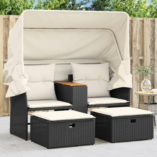 Tonture Gartensofa 2-Sitzer mit Dach, ausziehbarem Sonnenschutz, Hockern Schwarz, Poly Rattan, Akazienholz, für Balkon, Terrasse, Außenbereich