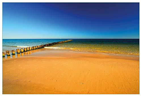Wallario Küchenrückwand selbstklebend 90 x 60 cm, Motiv: Sandstrand in orange - Blaues Meer - Blauer Himmel | Spritzschutz abwischbar & pflegeleicht