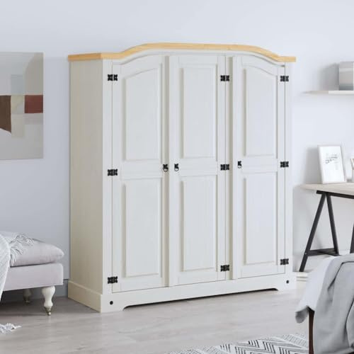 RCODSSK Mexican Pine Corona 3 Doors White Wardrobe with Domed Top, Solid Pine Wood, Black Metal Detailing, Left Compartment with Shelf and Hanging Bar, Right with 4 Shelves