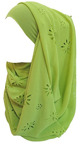 Lina & Lily Chiffon Hijab Kopftuch Schal mit Blumen und Perlen für muslimische Frauen (Limonengrün)