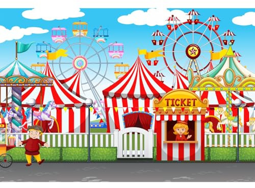YongFoto 1,5x1m Vinyl Foto Hintergrund Zirkus Kirmes Spielplatz Zelte Ticketschalter Karussell Riesenrad Fotografie Hintergrund für Photo Booth Baby Party Banner Kinder Fotostudio Requisiten