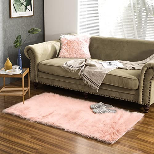 Teppich Wölkchen Schaffell Lammfell Imitat Fellteppich Kunstfell Teppich Waschbar - Flauschiger Teppich Wohnzimmer, Bettvorleger Schlafzimmer - Rosa - 80x150 cm