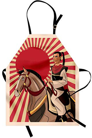 ABAKUHAUS Samurai Kochschürze, Japanischer Mann auf Einem Pferdekarikatur-Art-orientalischen Kultur-Comic-Buch-Effekt Stripes, Farbfest Höhenverstellbar Waschbar Klarer Digitaldruck, Mehrfarbig