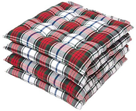 Homescapes 4er Set Stuhlkissen Macduff 40x40 cm kariert – Sitzkissen Outdoor/Indoor, Oeko-TEX-Zertifiziert, Sitzpolster waschbar für Esszimmer-, Küchen- & Gartenstühle, rot-weiß-grün