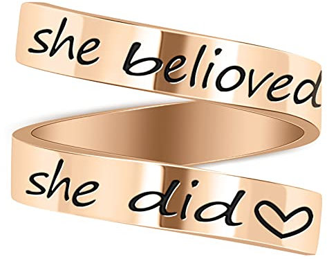 LucBuy Edelstahl Keep Eng Gravierte Inspirierende Geschenke Verstellbare Ringe Schmuck für Männer Frauen Teenager (She Believed She Could so She Did - Roségold)