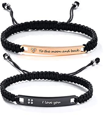 PJ JEWELLERY I Love You/to The Moon and Back Passende Makramee-Armbänder für Sie und Ihn Set für Freund-Ehemann-Paare-Geschenk-Jahrestag-Valentinstag