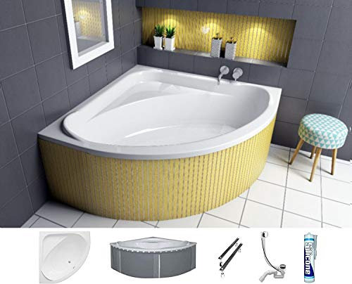 ECOLAM Baignoire d'angle asymétrique Standard Polimat 140x140 cm + boîtier universel en polystyrène | siphon et silicone
