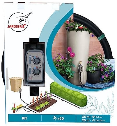 Jardibric - Kit d'Arrosage goutte à goutte pour Jardin et Terrasse avec Programmateur Sans Pression - 25m de Tuyau, 50 Goutteurs - Kit Complet pour une Irrigation Facile et Efficace
