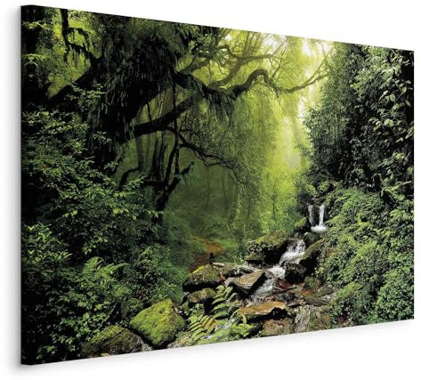 B&D XXL - Wandbilder XXL Wald Bach 60x40 cm 1 tlg Wand Deko Leinwand Bilder Groß Wandbild Wohnzimmer Bild Schlafzimmer Kunstdruck Panoramabild - Natur Waldlandschaft Bäume Bergbach Grün c-B-0234-b-c