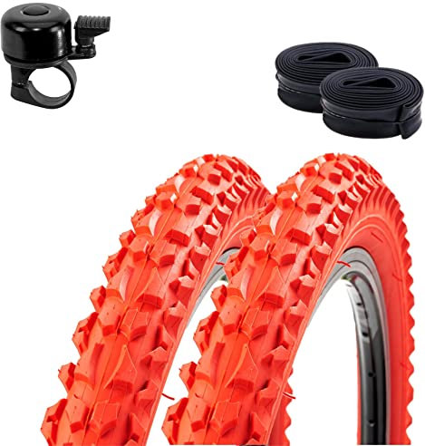 2 x Roverstone 26 Fahrradreifen Fahrradmantel rot 57-559 (26x2,125) + 2 Schläuche DV inkl. Fahrradklingel
