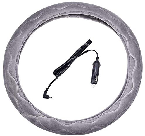 Beheizbare Lenkradabdeckung, MoreChioce 12V-Plüsch Warme Winter Lenkradhülle Lenkradschoner Lenkradbezug Auto Innenraum Zubehör Durchmesser 38cm / 15 Zoll,Grau
