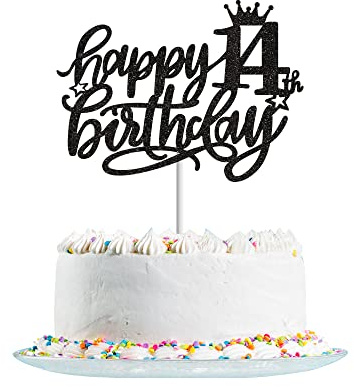 Tortendeko 14. Geburtstag Junge Mädchen, Schwarz Glitzer 14. Kuchendeko Geburtstag, Happy 14. Geburtstagstorte Topper, Kuchen Topper 14 Junge, Happy 14th Birthday Cake Topper(Schwarz)