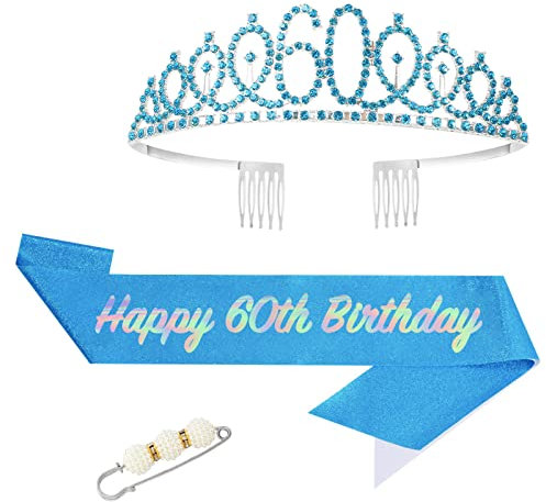 POPOYU 60 Geburtstag Krone und Schärpe,Krone 60. Geburtstag Frauen,60.Geburtstag Tiara Blau,krone 60.,60 Jahre Geburtstag Mädchen Kopfbedeckung für Geburtstagsgeschenk Partyzubehör