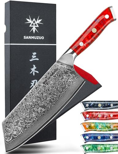 SANMUZUO Nakiri Messer 19 cm Profi Küchenmesser Damastmesser, Xuan Serie, VG10 Damaskus Stahl Küchenmesser mit Harz Griff(Sonnenuntergang Rot)