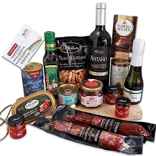 FAMILYCOM.Cesta Gourmet para regalar. Surtido con Chocolates originales de regalo. Lote de Embutidos, Conservas, Selección de Vino y Champagne, Aceite de Oliva y Picos gourmet.
