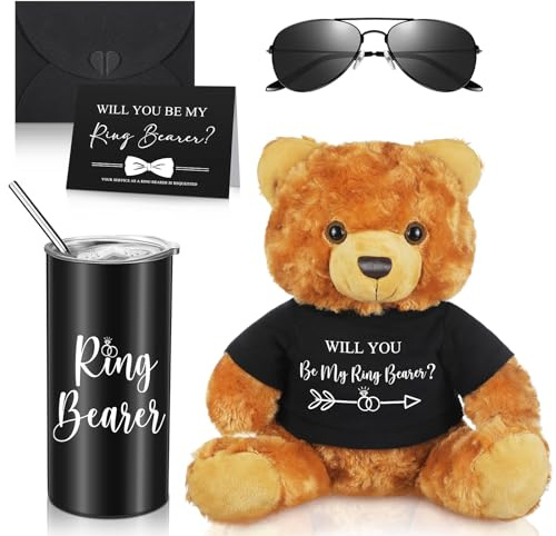 Mepase Lot de 6 porte-alliances de mariage - Gobelet avec paille - Ours en peluche - Carte de demande en mariage - Boîte à lunettes de soleil