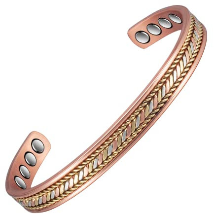 MagCopper Geflochtene dreifarbige magnetische Kupferarmbänder für Damen oder Herren, Kupfer-Manschetten-Armreif, 16,5 cm, verstellbar, kein Farbverlust
