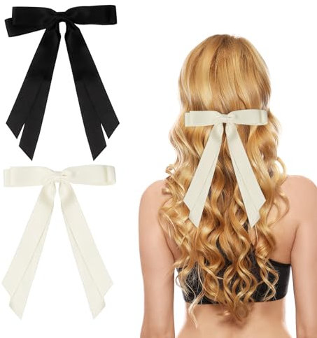 2 Stück Haarschleifen Damen, Haarschleife mit Bänder Haarspange Schleife Haarschmuck Mädchen Hair Accessories(Schwarz, Beige)