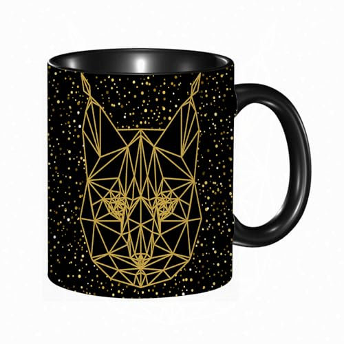 Tasse Keramik Abstrakter Luchs. Goldene glitzernde Textur. In einer durchgehenden Linie gezeichnete Kaffeetassen Große 330ml Mit Henkel 100% Handbemalt Trinkgläser Mit Griff Personalisierte Geschenk