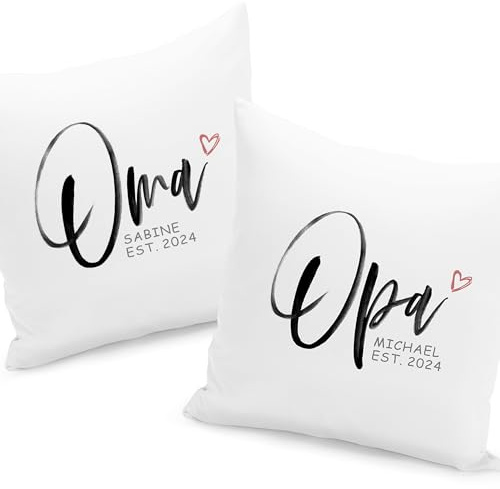 DEL MÀ Unique & Personal Ihr werdet Oma und Opa Kissen 2er Geschenkset personalisiert zum Schwangerschaft verkünden werdende Großeltern Geschenk Dekokissen Paar 40x40 cm inkl. Füllung und Bezug