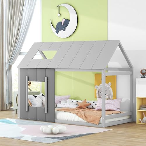 Merax Hausbett 90 x 200cm, Kinderbett Einzelbett mit Lattenrost, Stabiles Holz Baumhausbett mit Dach und Fenster, Spielbett für Jungen & Mädchen, Flachbett, dekorativ, Ohne Matratze, Grau
