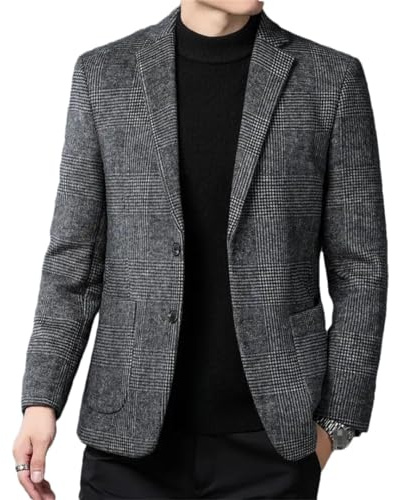 Blazer en laine pour homme - Automne et hiver - Style décontracté - Classique - À carreaux - Manteaux, gris, XXL