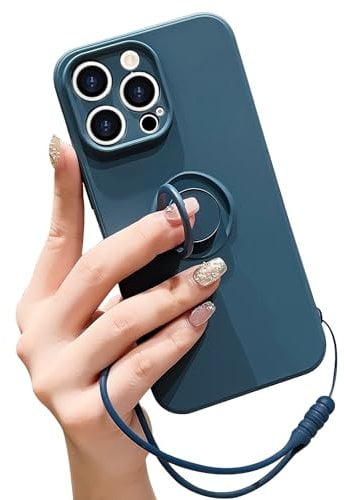 Pepmune Compatible with iPhone 15 Pro Case Liquid Silicone with Ring Holder, Detachable Wrist Strap,Magnetic Car Mount Kickstand,Shockproof Cover Protective Phone Case-Blue